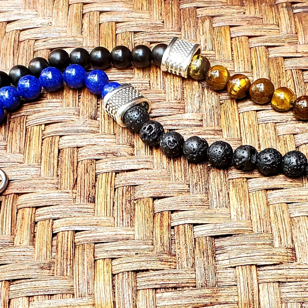 Onyx and Tigers Eye Stainless Stel Natural Stones Bracelet Lot